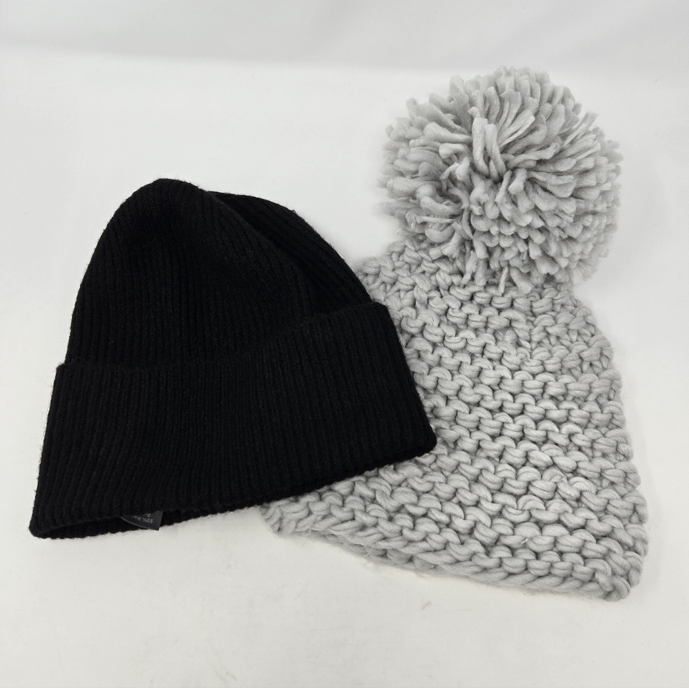 VINCE CAMUTO WINTER BEANIE BUNDLE SET OF 2 BLACK KNIT GREY CHUNKY HAT WOMEN OS